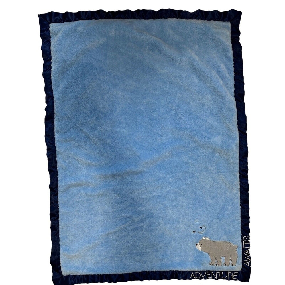 Tender Kisses Gray Bear Adventure Awaits Baby Blanket Lovey Navy Blue Satin Trim